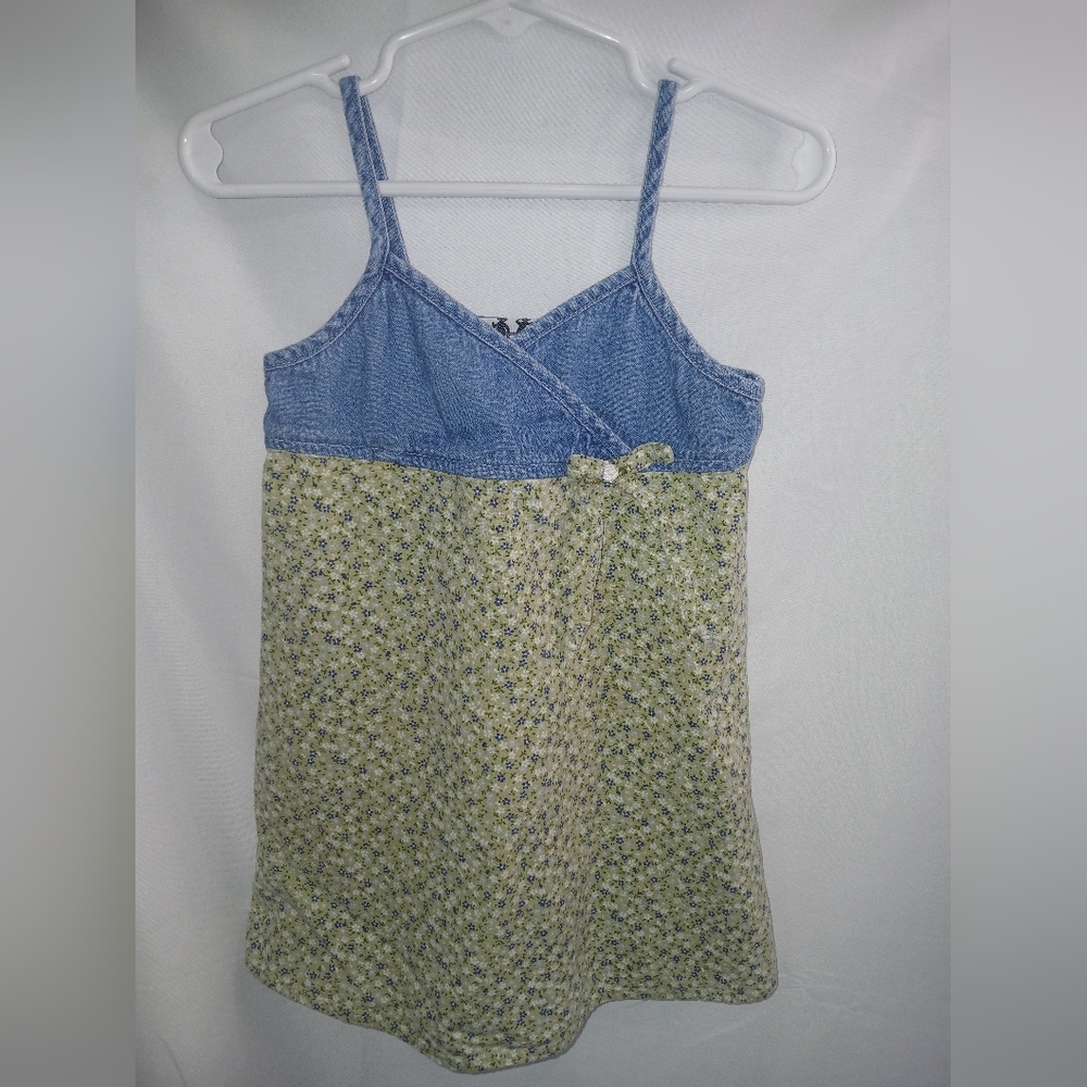 Denim-Top Green Floral Girls' Sundress